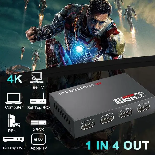 Alt view image 6 of 7 - HDMI Splitter 1 in 4 Out,ESTONE 1x4 Power HDMI Splitter 4 Ports w/AC Adapter, 4Kx2K@30Hz 3D Full HD Distributor for PS4 Fire Stick HDTV