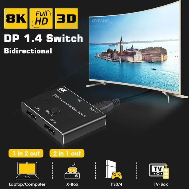Alt view image 2 of 7 - Displayport Switch 8K, Bidirectional DP 1.4 Switch 8K @ 30Hz, 4K @ 120Hz, Displayport Switcher 1 to 2/2 in 1 Out with LED Indicator for PC Host Monitor etc