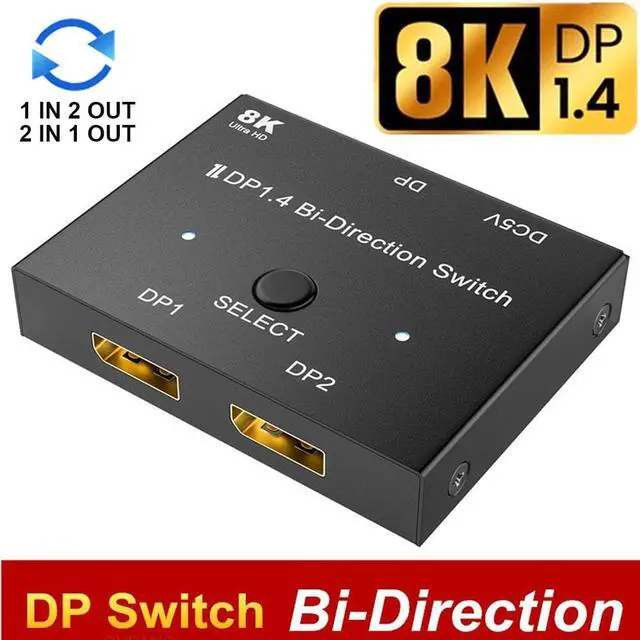Main image of Displayport Switch 8K, Bidirectional DP 1.4 Switch 8K @ 30Hz, 4K @ 120Hz, Displayport Switcher 1 to 2/2 in 1 Out with LED Indicator for PC Host Monitor etc