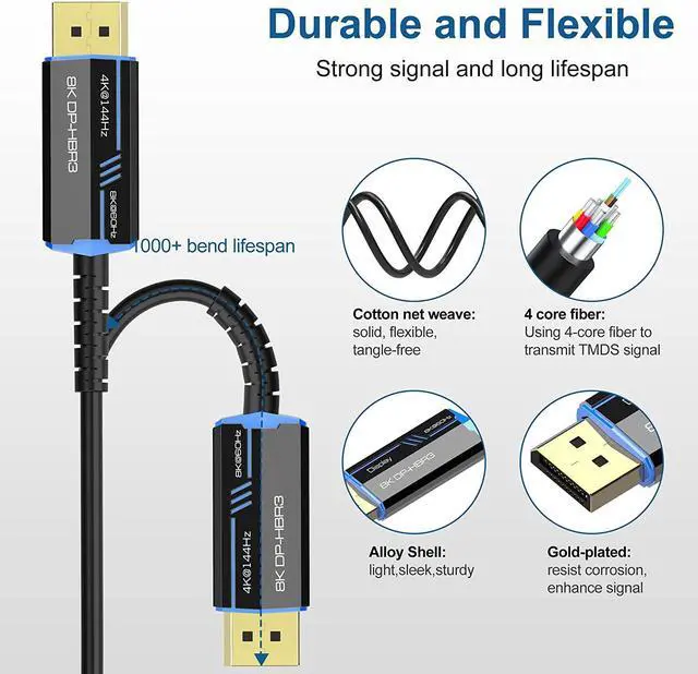 Alt view image 2 of 7 - 8K Fiber Optic Displayport 1.4 Cable 164Feet,ESTONE Supports 8K@60Hz, 4K@144Hz High Speed 32.4Gbps Support 3D Visual Effects, VR Headset,HDCP2.2, HDR-Black