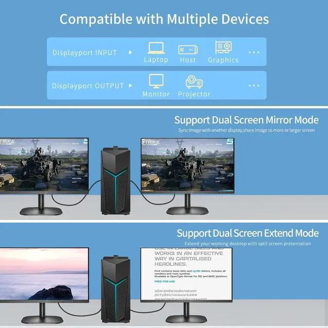 Alt view image 6 of 7 - 8K DisplayPort Cable 1.4, ESTONE DP Cable 6.6ft8K@60Hz, 2K@240Hz, 4K@144Hz, 32.4Gbps, Display Port to Display Port Cable 1.4 (DP to DP Cable) Compatible for Gaming Laptop TV PC Computer Monitor