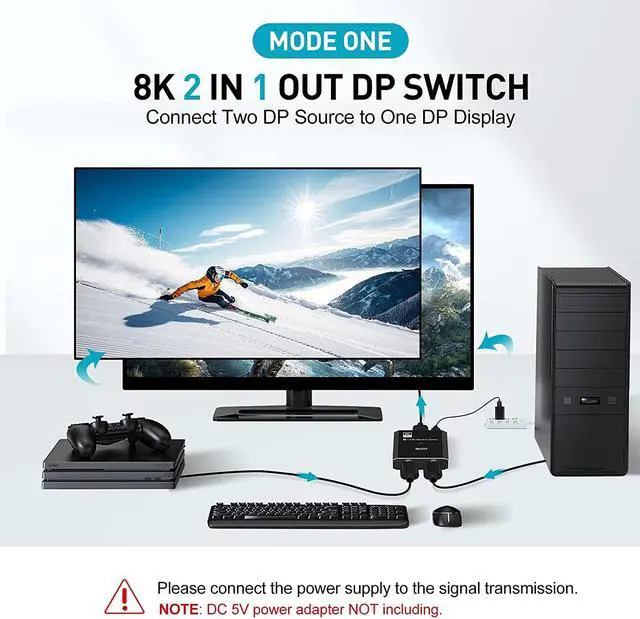 Alt view image 3 of 8 - ESTONE DP Switch 2 in 1 Out, Bi-Directional Displayport Splitter 1 in 2 Out, 8K@30Hz, 4K@120hHz, Support 3D, CEC for Projector, Xbox, PS5/4/3