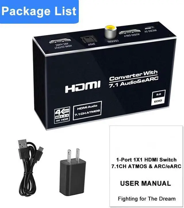 Alt view image 7 of 7 - HDMI to HDMI + Optical Toslink SPDIF + 3.5mm Audio Jack + Coaxial + 7.1Ch HDMI Audio,ESTONE 4K 60Hz HDMI Audio Extractor Splitter