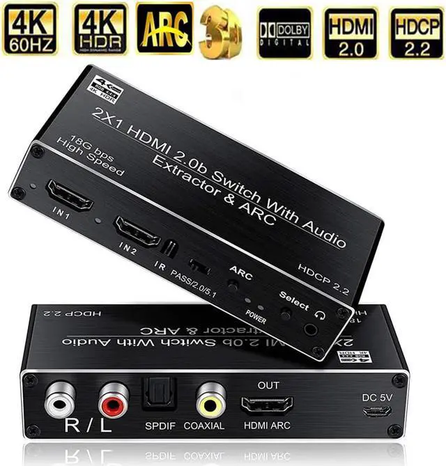 Main image of 2x1 HDMI Switch Audio Extractor,ESTONE 4k@60hz Aluminum HDMI Switcher 2 in 1 Out, with 3.5mm + R/L Audio + Coaxial + Optical Toslink SPDIF Supports 3D, HDR, HDCP2.2 Compatible with Xbox PS5/4/3(OZV2)