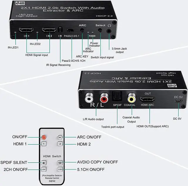 Alt view image 3 of 7 - 4K HDMI Switch 2x1 with Audio Extractor, 4K@60Hz Ultra HD HDMI Switcher with Optical TOSLINK SPDIF, 3.5mm R/L Audio, Coaxial Support ARC , 3D, 1080P @120Hz, 4Kx2k @60Hz HDTV (Remote Control),OZV2