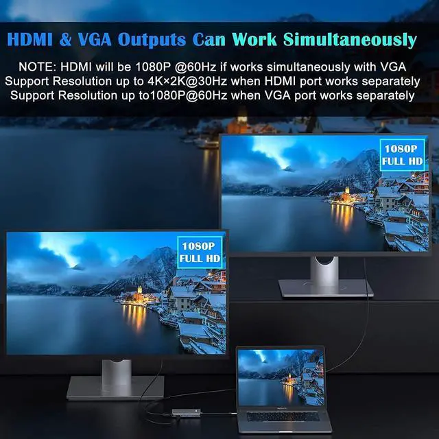Alt view image 3 of 7 - USB C Docking Station,ESTONE 10 in 1 Display Laptop Multiport Adapter Hub with HDMI+VGA+Ethernet+3USB3.0+SD/TF+USB C PD+Audio for MacBook Pro/Air/Dell/HP/Lenovo/Thinkpad More Type-C Laptop