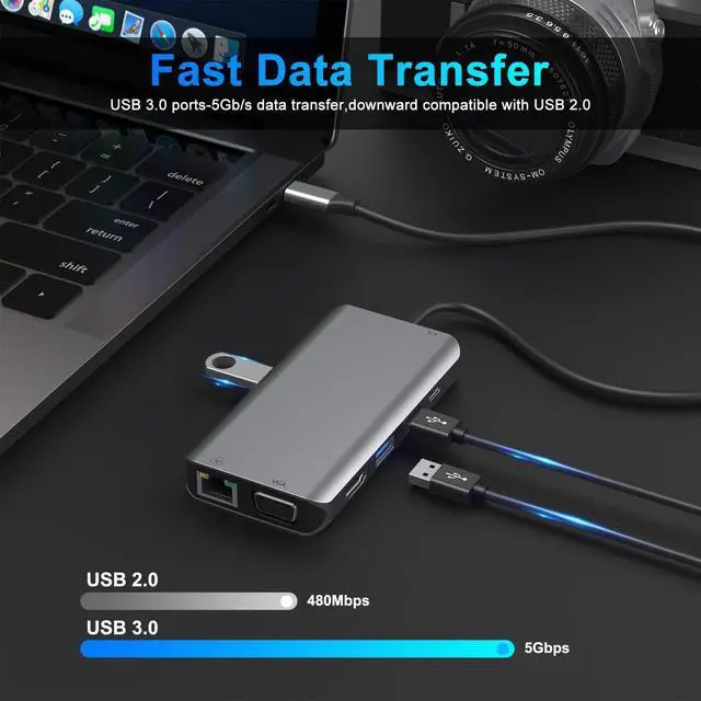 Alt view image 4 of 7 - USB C Docking Station,ESTONE 10 in 1 Display Laptop Multiport Adapter Hub with HDMI+VGA+Ethernet+3USB3.0+SD/TF+USB C PD+Audio for MacBook Pro/Air/Dell/HP/Lenovo/Thinkpad More Type-C Laptop