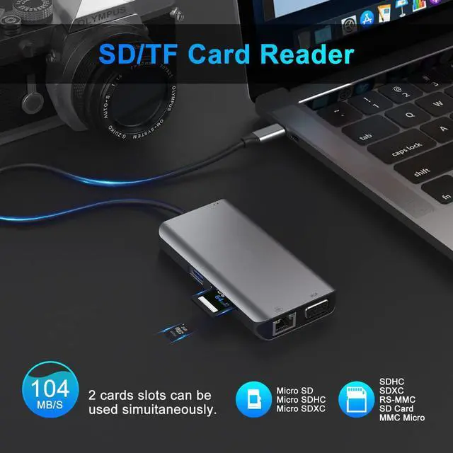 Alt view image 6 of 7 - USB C Docking Station,ESTONE 10 in 1 Display Laptop Multiport Adapter Hub with HDMI+VGA+Ethernet+3USB3.0+SD/TF+USB C PD+Audio for MacBook Pro/Air/Dell/HP/Lenovo/Thinkpad More Type-C Laptop