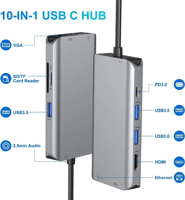 Alt view image 2 of 8 - USB C Hub,ESTONE Multiport Adapter USB C Dongle for MacBook Pro, 10 in 1 USB C to HDMI Adapter with Gigabit Ethernet VGA PD Port 3 USB 3.0 SD/TF Card Reader and 3.5mm Audio for Type C Laptops and More