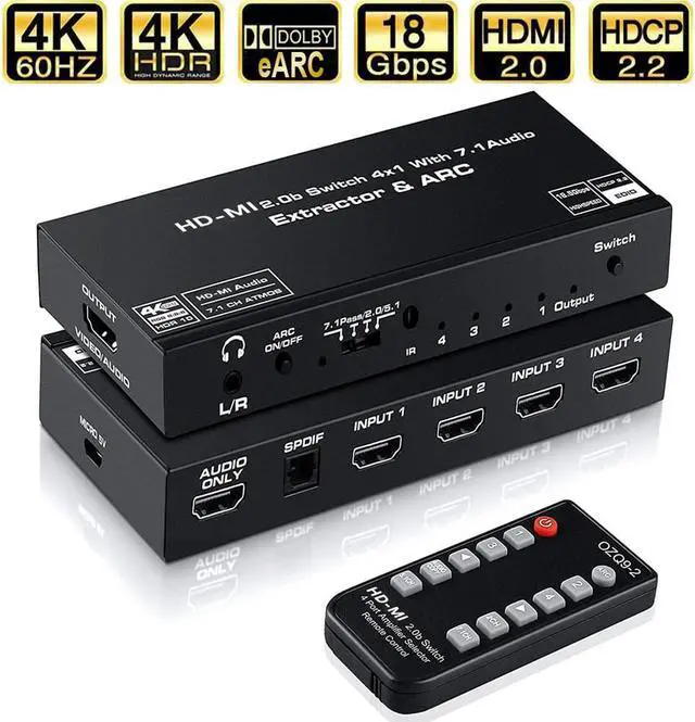 Main image of ESTONE 4K 60Hz HDMI 2.0 Switch 4 in 1 Out with Audio Extractor (HDMI, 3.5mm AUX,Toslink Audio Out) and ARC, Support Remote/Auto Switching/HDCP2.2/1080P/3D, HDMI Splitter for TV 4K Home Theater
