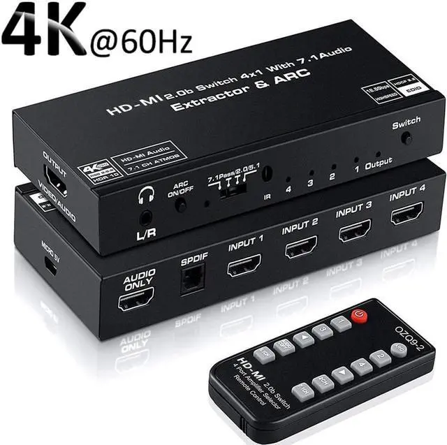 Main image of ESTONE 4 Port 4K HDMI Switch with Optical & 3.5mm AUX Audio Out, 4 in 1 Out HDMI 2.0 4K@60Hz HDMI 2.0b Audio Extractor Splitter with Remote, Support ARC, HDR, HDCP 2.2, 18Gbps, Dolby Vision