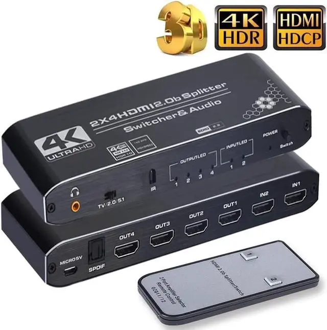 Main image of HDMI Switch Splitter 2x4 with Audio Extractor, 4K@60Hz Ultra HD HDMI Switcher with Optical TOSLINK SPDIF, 3.5mm Audio Support HDCP 2.2, HDMI2.0b, 4K@60HZ, RGB4:4:4, 4K HDR (Remote Control)
