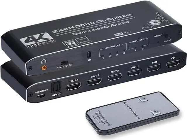 Main image of HDMI Switch Splitter 2x4 with Audio Extractor, 4Kx2k @60Hz Ultra HD HDMI Switcher with Optical TOSLINK SPDIF, 3.5mm Audio Support HDCP 2.2, HDMI2.0b, 4K@60HZ, RGB4:4:4, 4K HDR  HDTV (Remote Control)