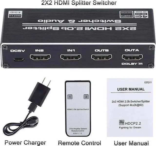 Alt view image 6 of 7 - ESTONE 4K HDMI Switcher Splitter with Optical & 3.5mm AUX Audio Audio Extractor Out, 2x2 HDMI Switcher Audio Extractor  Support 4K@60Hz, 1080P@120Hz, HDCP 2.2, HDMI2.0b, 4K@60HZ, RGB4:2:2, 4K HDR
