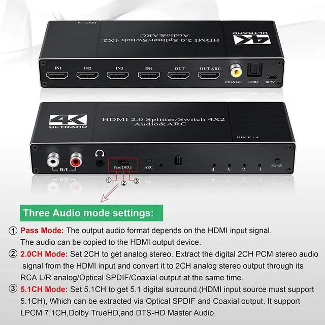 Alt view image 4 of 7 - HDMI Switch 4x2 with R/L 3.5mm Audio + Coaxial + SPDIF Audio Extractor Out, HDMI Switcher Audio Extractor Splitter Support 4K@60Hz 1080P@120Hz ARC, HDCP 2.2, HDR, Dolby