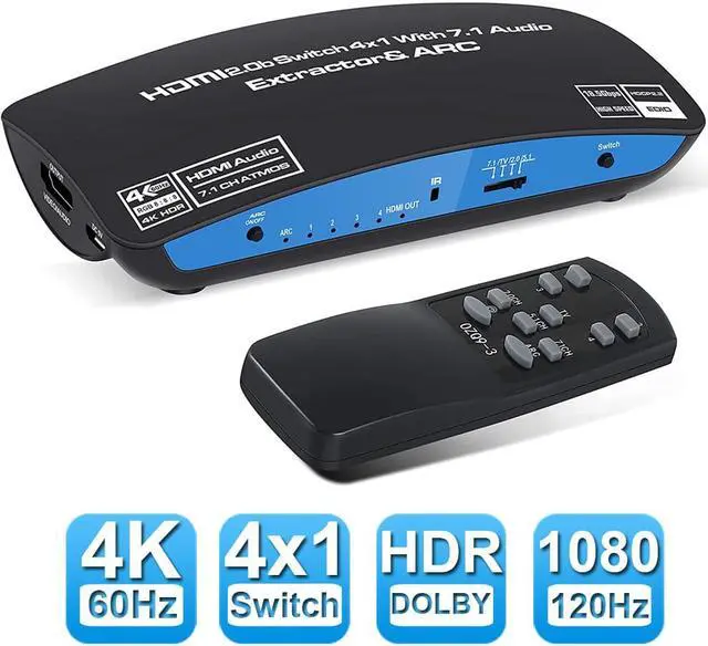 Main image of 4K 60Hz HDMI 2.0 Switch 4 in 1 Out with Audio Extractor (HDMI, 3.5mm AUX,Toslink, 7.1CH atmos Audio Out) and ARC, Support Remote/HDCP2.2/1080P/3D for TV 4K Home Theater - OZQ9-1