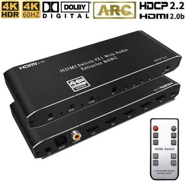 Main image of HDMI Switch with Audio Extractor 4K 60Hz Optical + 3.5mm AUX + Coaxial Output, HDMI Switcher 4 in 1 Out HDMI Audio Splitter Converter IR Remote Support ARC HDCP2.2 1080P 3D Dobly Atmos,EDID,HDR10