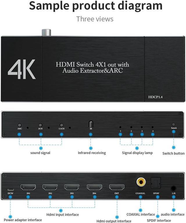 4K @ 60Hz 4 in 1 Out HDMI Switcher with Audio Extractor and IR
