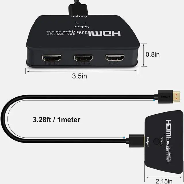 Alt view image 2 of 7 - HDMI Switch 4K 60Hz, ESTONE HDMI 2.0 Switcher 3 in 1 Out, 3 Port HDMI Selector Box Support HDCP 2.2 HDR10 3D 18Gbps for Xbox PS4 Roku HDTV Monitor, with 3.9FT HDMI Cable