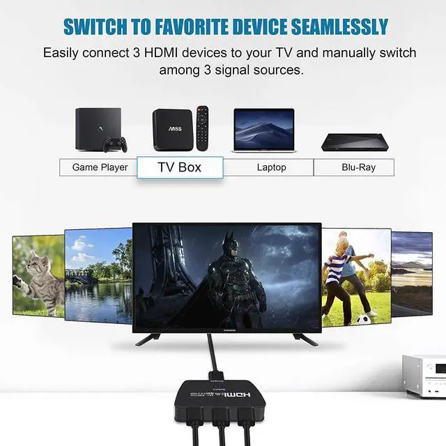 Alt view image 4 of 7 - HDMI Switch 3 in 1 Out 4K UHD HDMI Switcher Splitter, Automatic Switch with 3.9FT HDMI Cable, HDMI Switch Box Hub Support 4K 60Hz 3D 1080P HDCP1.4 for PS5 PS4 Xbox DVD Player Fire Stick Apple TV PC