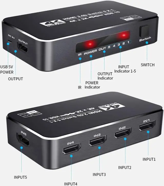 Alt view image 2 of 7 - 4K@60Hz 5 Port HDMI Switch, 5 in 1 Out HDMI Switcher Selector Support HDR & HDCP 2.2 & Full 3D with IR Remote Control for Nintendo Switch,Xbox PS5/PS4,Fire Stick,Roku,Apple TV