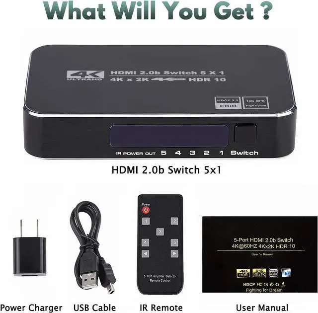 Alt view image 7 of 7 - HDMI Switch 4K@60Hz, 5 Port HDMI 2.0 Switcher Selector 5 in 1 Out HDMI Switch with IR Remote Control, Supports 4K HDR10 HDCP 2.2 3D Dolby for Nintendo Switch,Xbox PS5/PS4,Fire Stick and More - OZQ3-3