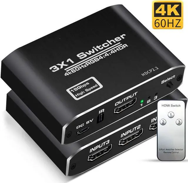 Main image of 4K@60Hz HDMI Switch 3 in 1 Out w/IR Remote Control, 3 Port Switcher Selector Box for Xbox Nintendo PS5 PS4 TV Fire Stick Roku Supports Ultra HD Dolby Vision, 18.5Gbps, HDR10, HDCP 2.2 & 3D - OZQ3-1