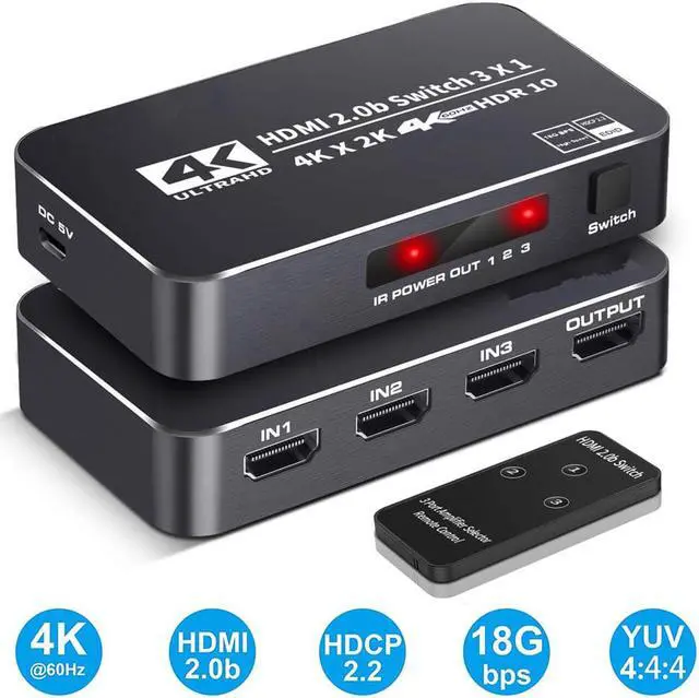 Main image of ESTONE HDMI Switch 4K@60Hz, 3 Port HDMI 2.0 Switcher Selector 3 in 1 Out HDMI Switch with IR Remote Control, Supports 4K HDR10 HDCP 2.2 3D Dolby for Nintendo Switch,Xbox PS5/PS4,Fire Stick and More