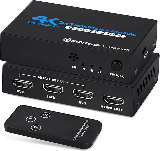Main image of ESTONE HDMI Switch 3 Ports (3 x 1) 4K 60Hz, HDMI Splitter 3 in 1 Out HDMI Switcher Selector with IR Remote Control Support 3D HDCP2.2 for PS4/Xbox One/Fire TV/Apple TV, OZQ2-1
