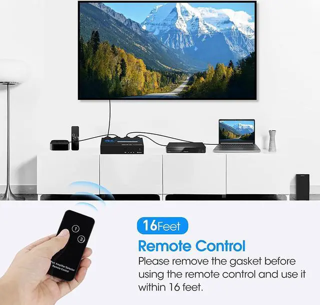 Alt view image 3 of 7 - ESTONE 4K HDMI Switch 3x1, 3 Port HDMI Selector Switcher 3 in 1 Out with IR Remote Control Support 4K@60Hz, 4Kx2K, HDR, HDMI 2.0b, HDCP 2.2, 3D, 1080P (OZQ2-1)