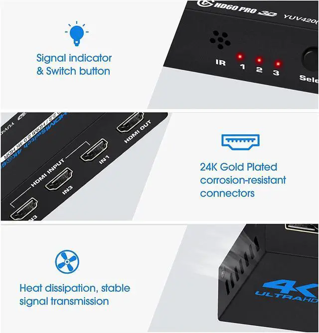 Alt view image 5 of 7 - ESTONE 4K HDMI Switch 3x1, 3 Port HDMI Selector Switcher 3 in 1 Out with IR Remote Control Support 4K@60Hz, 4Kx2K, HDR, HDMI 2.0b, HDCP 2.2, 3D, 1080P (OZQ2-1)