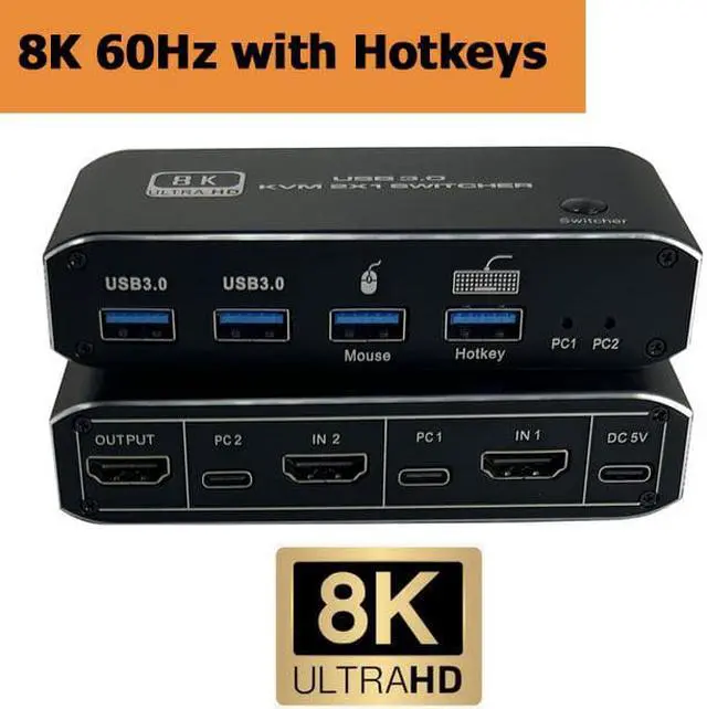 Main image of ESTONE 8K@60Hz 4K@120Hz HDMI 2.1 KVM Switch with USB 3.0 2 in 1 Out, 2 Port KVM Switch for 2 Computers 1 Monitor, 2 PCs Share 1 Set of Keyboard, Mouse, Printer for Mac, Windows