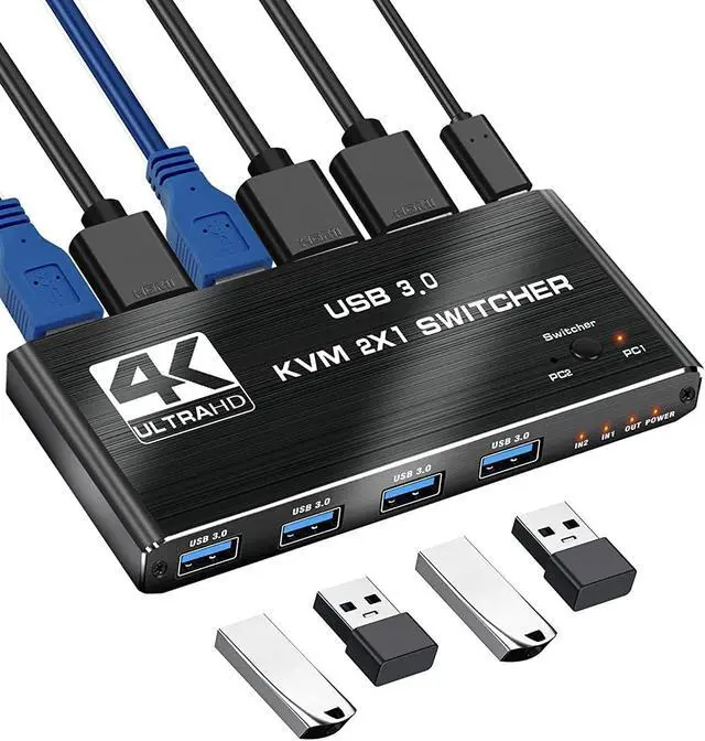 Main image of ESTONE 4K@60Hz HDMI2.0 KVM Switch for 2 Computers 1 Monitor Share 4USB3.0 Port, Keyboard Mouse Printer Support Wire-Desktop Controller