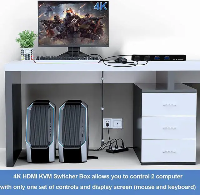 Alt view image 2 of 7 - ESTONE 4K@60Hz HDMI2.0 KVM Switch for 2 Computers 1 Monitor Share 4USB3.0 Port, Keyboard Mouse Printer Support Wire-Desktop Controller