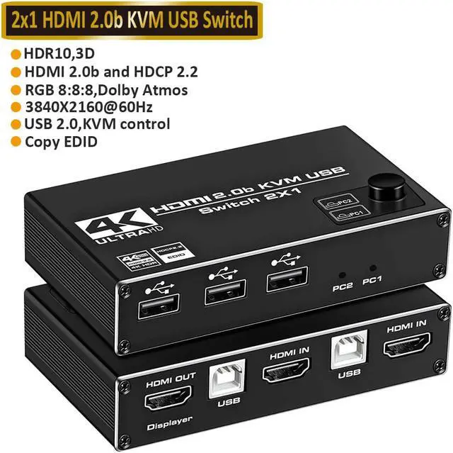 Main image of ESTONE 4K@60Hz HDMI2.0 USB KVM Switch 2 in 1 Out Box, with 2 Computers 1 Monitor, 2 PCs Share 3USB Hubs, for Mac, Windows