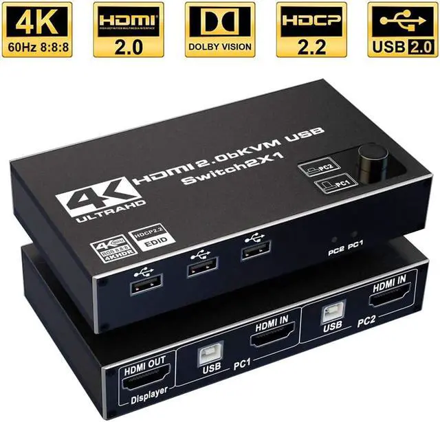 Main image of ESTONE 4K@60Hz USB HDMI KVM Switch, 2 in 1 Out,for 2PC Share 1 Monitor and 3 USB Port Support 4K@60Hz, HDMI2.0b, HDCP2.2 YUV:4:4:4 ,One-button Switch