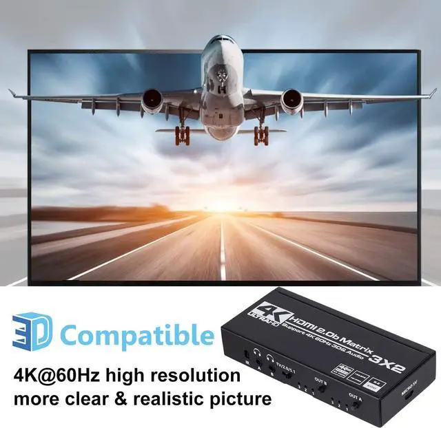 Alt view image 6 of 7 - 4K@60Hz HDMI Matrix 3 in 2 Out, 3 X 2 Switcher with HDR10,2xSPDIF Audio, 2x3.5mm L/R Audio,Downscaler 4K to 1080P and RGB 4:4:4/8:8:8(Dolby ATMOS).