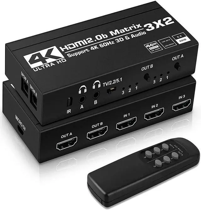 Main image of 3 in 2 Out HDMI Matrix,ESTONE 4K@60Hz 3x2 HDMI Matrix Switch with IR Remote Control, Support HDMI 2.0b, HDCP2.2, HDR10, Ultra HD, 3D