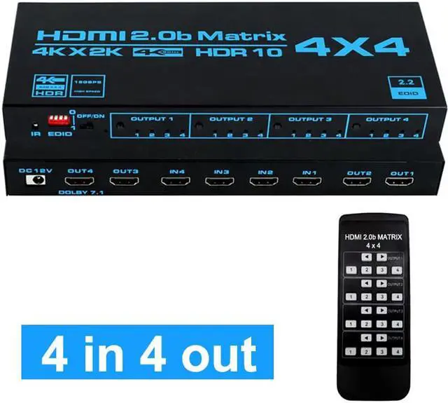 Main image of HDMI Matrix 4x4 , 4K HDMI Matrix Switch 4 in 4 Out Switcher Splitter Box with EDID Extractor and IR Remote Control, Support Ultra 4K HDR,3840*2160/60Hz, YUV4:4:4, 3D, 1080PHDMI 2.0b, HDCP 2.2