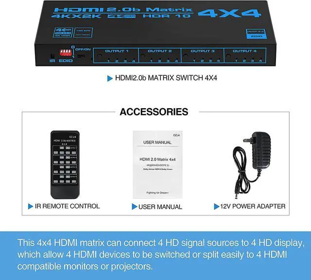 Alt view image 7 of 7 - 4x4 HDMI Matrix, 4K@60Hz 4 in 4 Out HDMI Switch Splitter with IR Remote, HDMI Matrix Switch + EDID Extractor + IR Remote Control, Support HDMI2.0, HDCP2.2, 3D, Audio Extractor