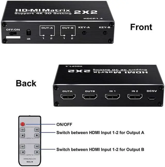Alt view image 2 of 7 - ESTONE 2x2 HDMI Matrix Switch Up to 4K 60Hz HDR, HDMI 2.0b, HDCP 1.4 , 3D,1080P,YUV 4:2:0, IR Remote, 2 in 2 Out Video (OZJ3)