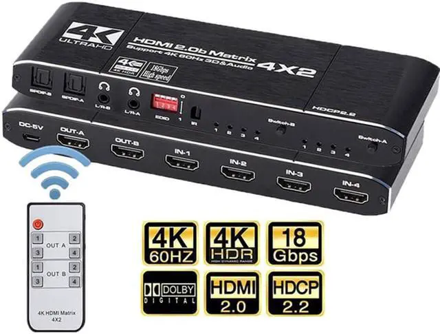 Main image of ESTONE 4K@60Hz Matrix 4x2 18.5 Gbps HDMI-compatible Switch Splitter with SPDIF and L/R 3.5mm HDR 4x2 Support HDCP 2.2 3D