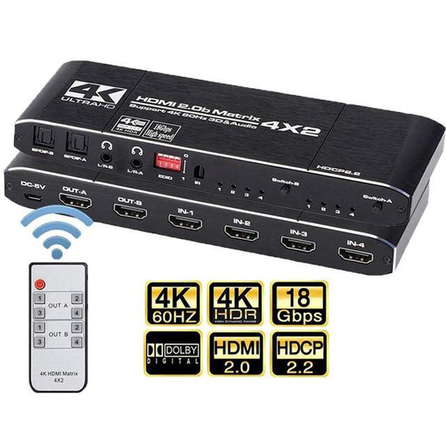 Switch HDMI Matrix 4K 4 In 2 Out – Con Uscita Audio Ottica E AUX, Supporto ARC