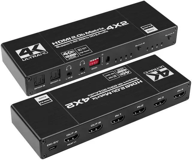 Main image of 4 in 2 Out HDMI Matrix,ESTONE 4K@60Hz 4x2 HDMI Matrix Switch with IR Remote Control, Support EDID, HDMI 2.0b, HDCP2.2, HDR10, Ultra HD, 3D