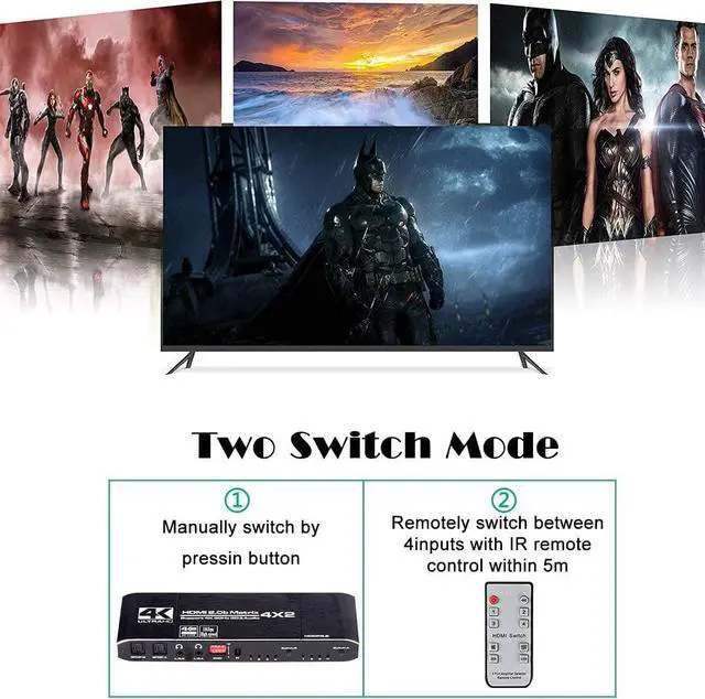 Alt view image 5 of 7 - ESTONE 4K@60Hz HDMI Matrix 4 in 2 Out, 4 X 2 Switcher with HDR10,2xSPDIF Audio, 2x3.5mm L/R Audio, EDID, Downscaler 4K to 1080P and RGB 8:8:8(Dolby ATMOS).