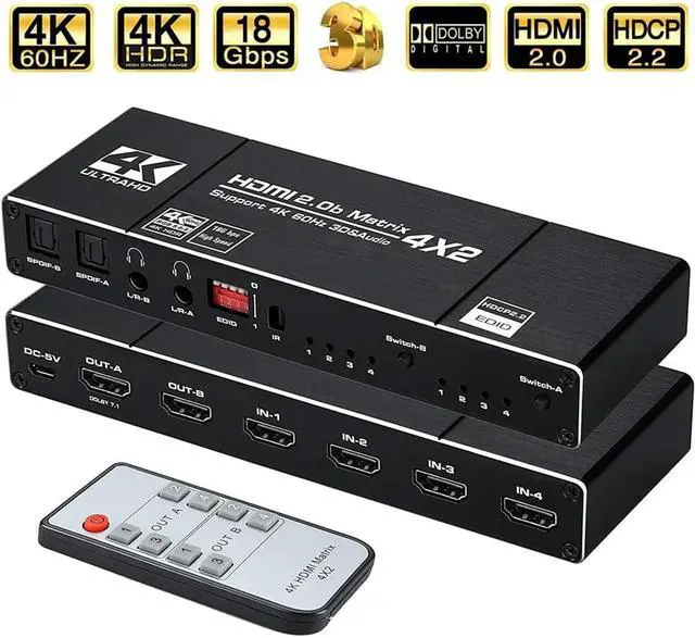 Main image of ESTONE 4K@60Hz HDMI Matrix 4 in 2 Out, 4 X 2 Switcher with HDR10,2xSPDIF Audio, 2x3.5mm L/R Audio, EDID, Downscaler 4K to 1080P and RGB 8:8:8(Dolby ATMOS).