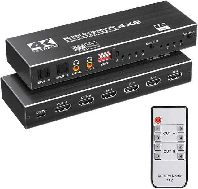 Main image of ESTONE 4K HDMI Matrix Switch 4 X 2, Switcher with Audio Extractor UltraHD Supports Up to 4K @ 60Hz IR EDID HDCP 2.2 HDR10,2xSPDIF Audio, 2x3.5mm L/R Audio - Remote Control (OZJ1-1)