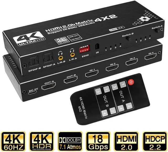 Main image of ESTONE 4K@60Hz 4 in 2 Out HDMI Matrix Switch, 4x2 HDMI 2.0b Matrix Switch, 4K HDMI Switcher Splitter + Optical and L/R Audio Output, Scaler EDID with Remote, HDCP2.2, HDR 10