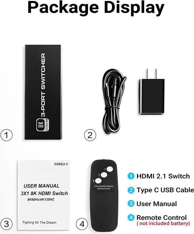 Alt view image 7 of 7 - 8K@60Hz HDMI 2.1 Switch, ESTONE 3X1 HDMI Switch with IR Remote Control, 4K @120hz HDMI Switcher Box 3 in 1 Out, 48Gbps, Support for Nintendo Switch PS4/PS5, Xbox 360/One Fire tv Stick