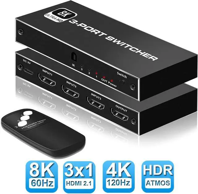 Main image of 8K HDMI 2.1 Switch, ESTONE 3X1 HDMI Switch with IR Remote Control, 4K @120hz HDMI Switcher Box 8K@60Hz/4K@30Hz, 48Gbps, Support for Nintendo Switch PS4/PS5, Xbox 360/One Fire tv Stick